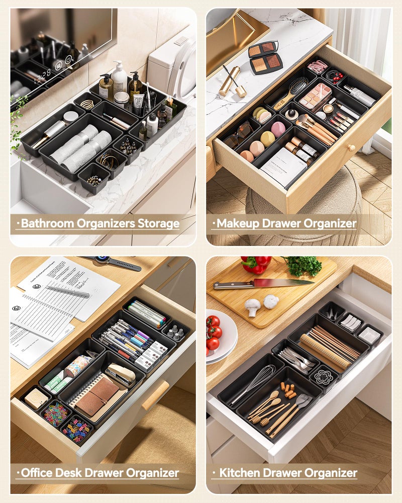 KEMETHY 25 PCS Plastic Drawer Organizers Set, 4 Sizes Vanity Organizer, Makeup and Desk Drawer Organizer Trays, Organization and Storage for Makeup, Bathroom, Kitchen Utensils and Office (Black) - Image 4