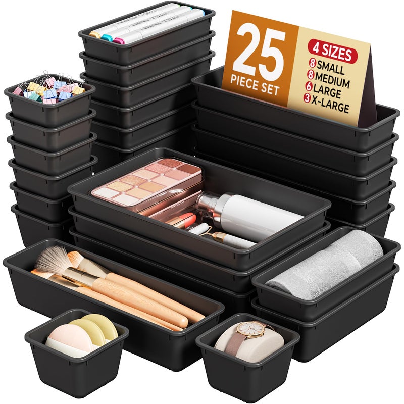 KEMETHY 25 PCS Plastic Drawer Organizers Set, 4 Sizes Vanity Organizer, Makeup and Desk Drawer Organizer Trays, Organization and Storage for Makeup, Bathroom, Kitchen Utensils and Office (Black) - Image 1