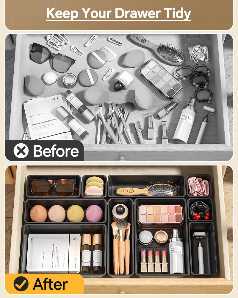KEMETHY 25 PCS Plastic Drawer Organizers Set, 4 Sizes Vanity Organizer, Makeup and Desk Drawer Organizer Trays, Organization and Storage for Makeup, Bathroom, Kitchen Utensils and Office (Black) - Image 3