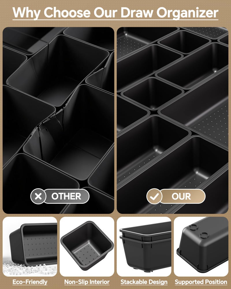 KEMETHY 25 PCS Plastic Drawer Organizers Set, 4 Sizes Vanity Organizer, Makeup and Desk Drawer Organizer Trays, Organization and Storage for Makeup, Bathroom, Kitchen Utensils and Office (Black) - Image 5