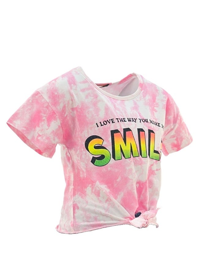 JOANNA JOANNA 23KY369B Girl's Front Tie With I Love The Way You Make Me Smile Quotes Round Neck Short Sleeve T-Shirt - Pink  - Image 2