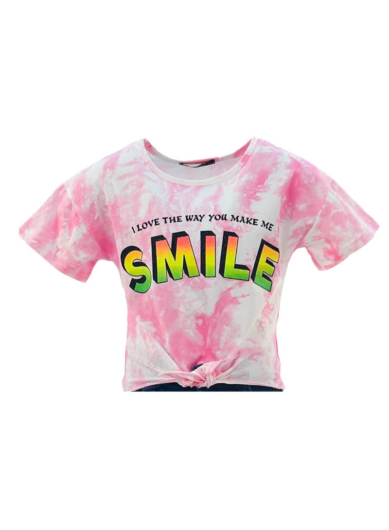 جوانا تي شيرت فتيات بربطة أمامية برقبة دائرية وأكمام قصيرة مع عبارات "أحب الطريقة التي تجعلينني أبتسم بها" - وردي - Image 4