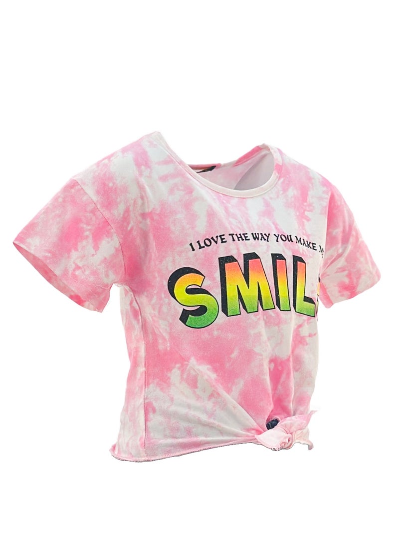 جوانا تي شيرت فتيات بربطة أمامية برقبة دائرية وأكمام قصيرة مع عبارات "أحب الطريقة التي تجعلينني أبتسم بها" - وردي - Image 5