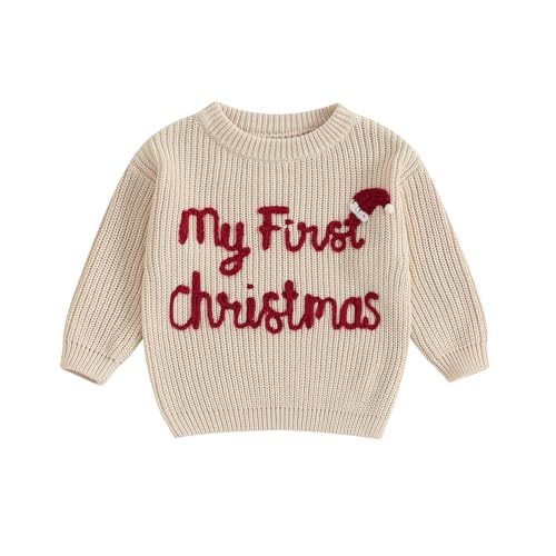 allshope Newborn Baby Girl Boy Christmas Knit Sweater My First Christmas Hat Embroidery Winter Sweatshirt Outfit Fall Clothes (Milky White, 0-3 Months) - Image 1