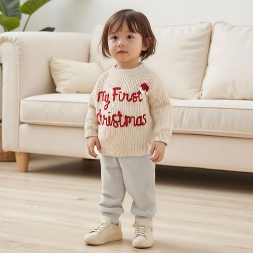 allshope Newborn Baby Girl Boy Christmas Knit Sweater My First Christmas Hat Embroidery Winter Sweatshirt Outfit Fall Clothes (Milky White, 0-3 Months) - Image 3