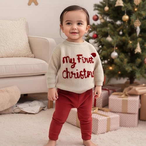 allshope Newborn Baby Girl Boy Christmas Knit Sweater My First Christmas Hat Embroidery Winter Sweatshirt Outfit Fall Clothes (Milky White, 0-3 Months) - Image 2