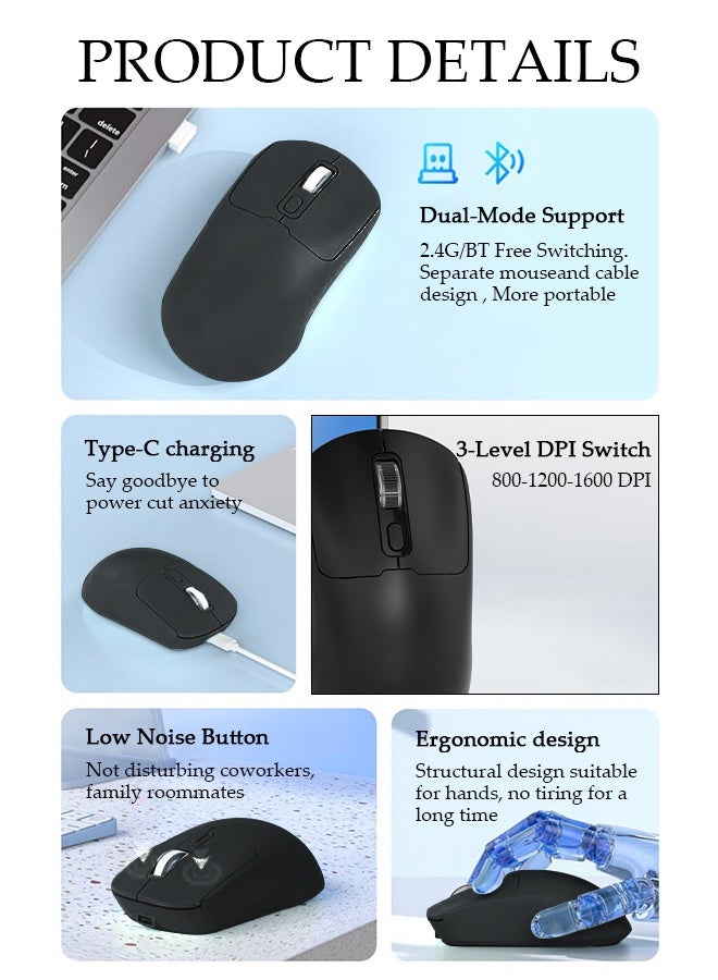 DUNISO Wireless Bluetooth Mouse, Slim Dual Mode (Bluetooth+ USB) 2.4GHz Rechargeable Silent Bluetooth Wireless Mouse, Ambidextrous Design,Up to 1600 DPI (Black) - Image 3