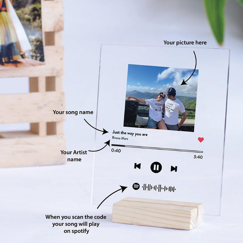 CONFETTI GIFTS هدايا كونفيتي لوحة سبوتيفاي أكريليك مخصصة للصورة والأغنية مع قاعدة خشبية إطار موسيقي مخصص هدية برمز قابل للمسح هدية عيد ميلاد ذكرى زواج هدية للزوجين - Image 3