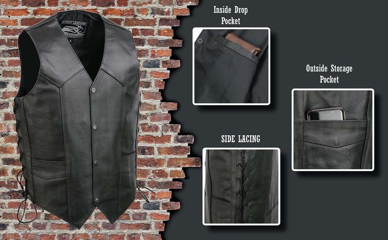 Event Leather EL5315 Black Motorcycle Leather Vest for Men with Side Lace - 6X-Large - Image 2