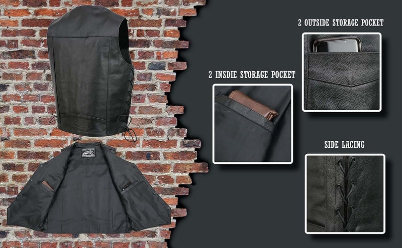 Event Leather EL5315 Black Motorcycle Leather Vest for Men with Side Lace - 6X-Large - Image 4