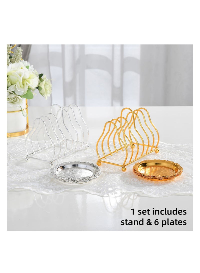 NOVOLAN NOVOLAN Snack Plate Set Dessert Plate Dried Fruit Plate Tasting Plate Cup Cake Plate Display Stand, Elegant Silver Plating, Sturdy & Durable Easy Storage, Contains 6 Plates & 1 Storage Rack (gold)  - Image 3