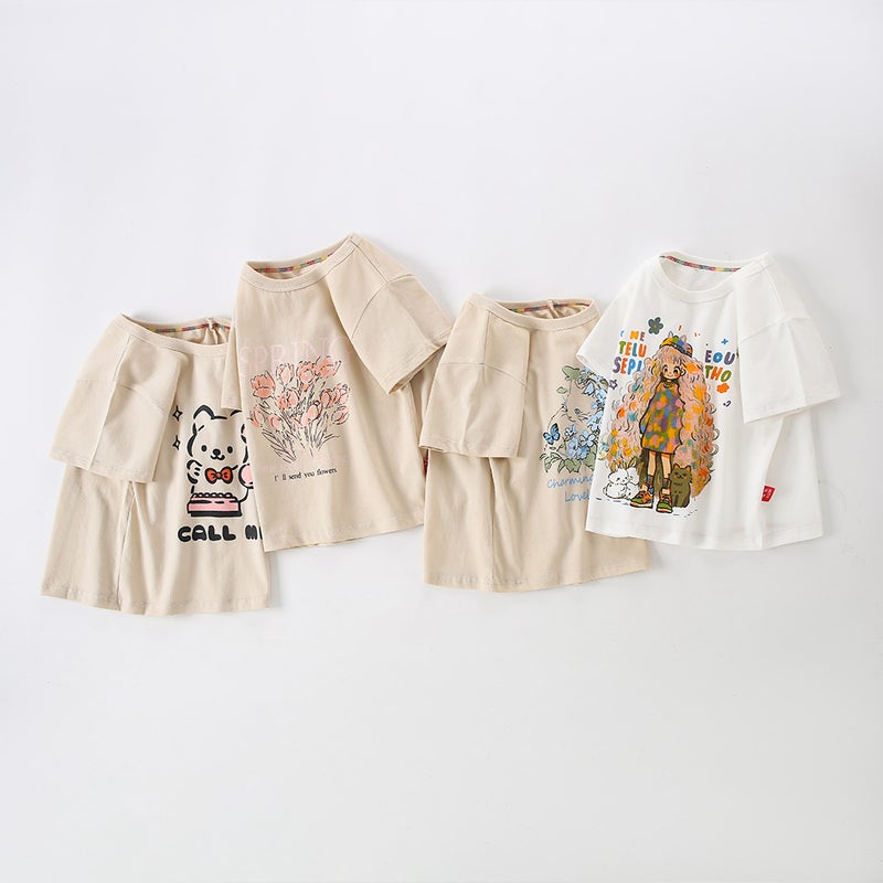 Girls Short-Sleeved T-Shirt Summer Wear Casual Korean Style Girls Loose Outer Wear Cartoon Printed Short Top - Image 2