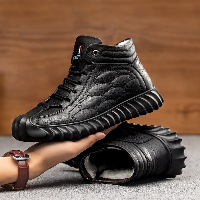 Mens Leather Winter Boots Wool-Lined Warm High-Top Casual Black 