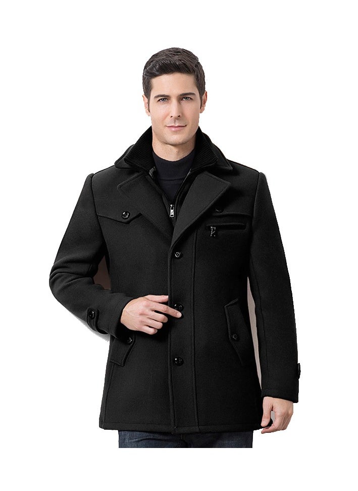 Loquat - Men Stand Collar Winter Solid Colour Trench Coat Outwear Overcoat Long Sleeve Jacket Black - Image 1