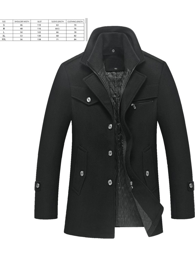 Loquat - Men Stand Collar Winter Solid Colour Trench Coat Outwear Overcoat Long Sleeve Jacket Black - Image 1