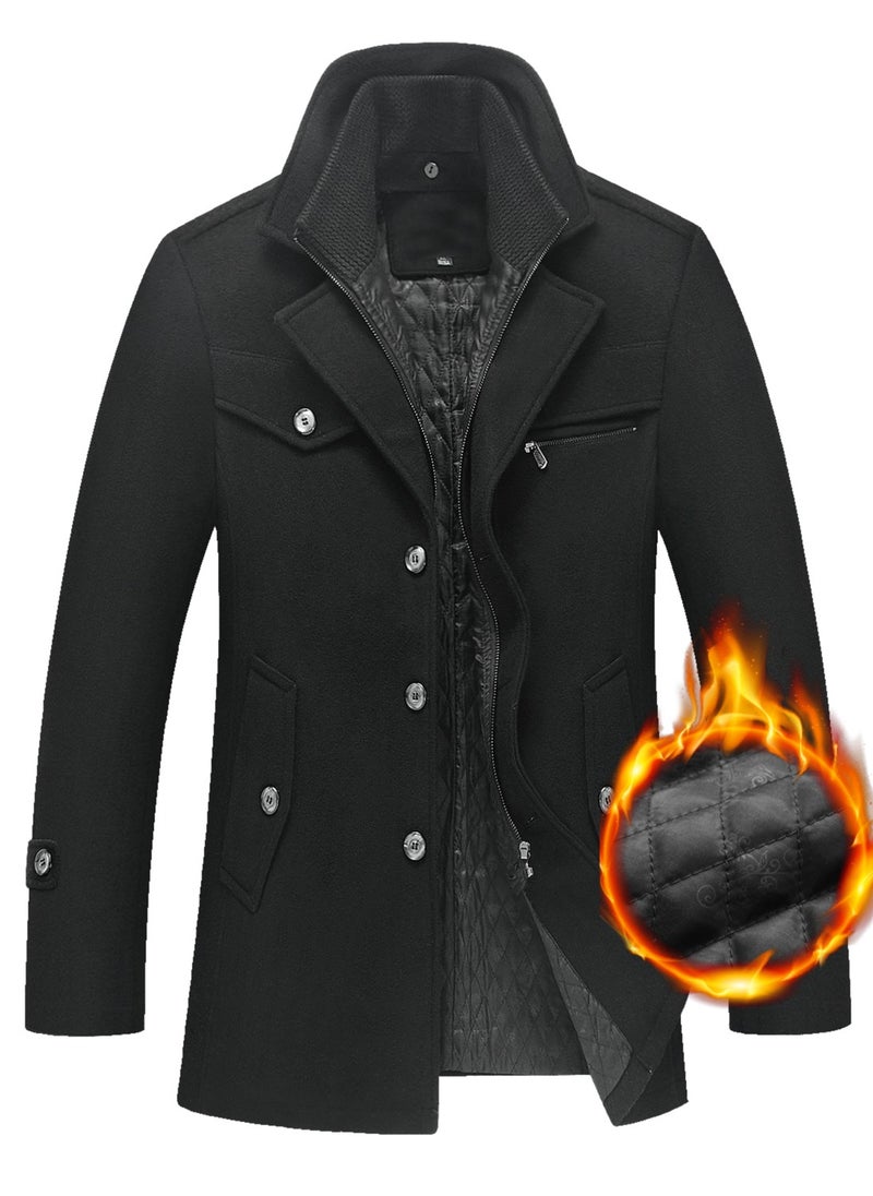 Loquat - Men Stand Collar Winter Solid Colour Trench Coat Outwear Overcoat Long Sleeve Jacket Black - Image 1
