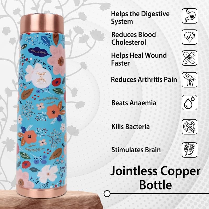 MERCAPE® MERCAPE Pure Copper Water Bottle | 950 ml Jointless Leak-Proof Bottle | Multicolour Floral Printed Design | Ideal for Home, Office, Gym, Yoga & Travel - Image 2