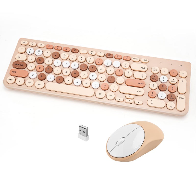 GUKJOB Wireless Keyboard and Mouse Combo, Retro Typewriter Keyboard with Round Keycaps, 2.4GHz USB Cute Wireless Keyboard Mouse for Computer, Desktop, Laptop (Milk Tea Colorful) - Image 1