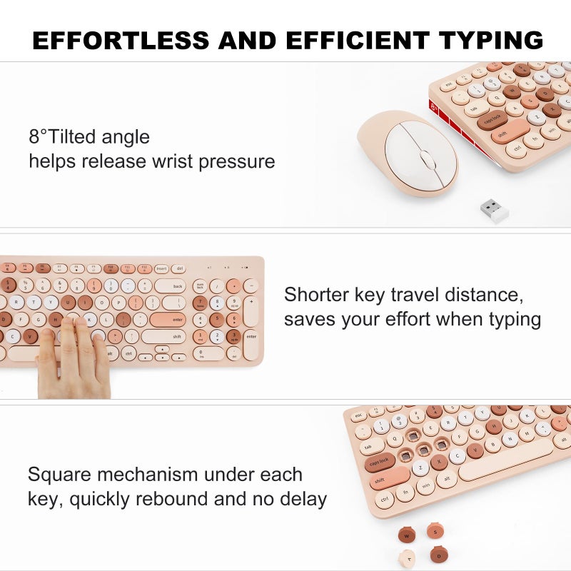 GUKJOB Wireless Keyboard and Mouse Combo, Retro Typewriter Keyboard with Round Keycaps, 2.4GHz USB Cute Wireless Keyboard Mouse for Computer, Desktop, Laptop (Milk Tea Colorful) - Image 4