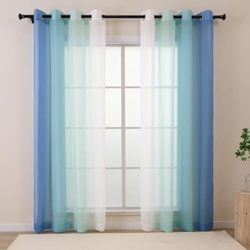 L.Z.E Blue Ombre Sheer Curtains 84 Inches Long for Living Room, Transparent Light Blue Curtains for Kids Bedroom Boys Girls Room, Lightweight Gradient Voile Window Drapes Grommet Top 2 Panels Set - Image 1