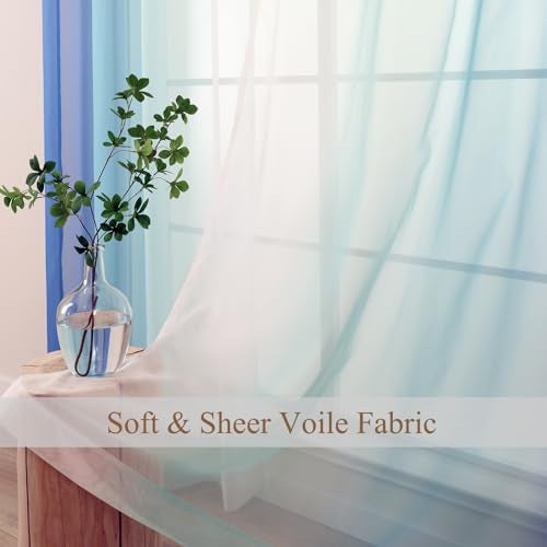 L.Z.E Blue Ombre Sheer Curtains 84 Inches Long for Living Room, Transparent Light Blue Curtains for Kids Bedroom Boys Girls Room, Lightweight Gradient Voile Window Drapes Grommet Top 2 Panels Set - Image 3