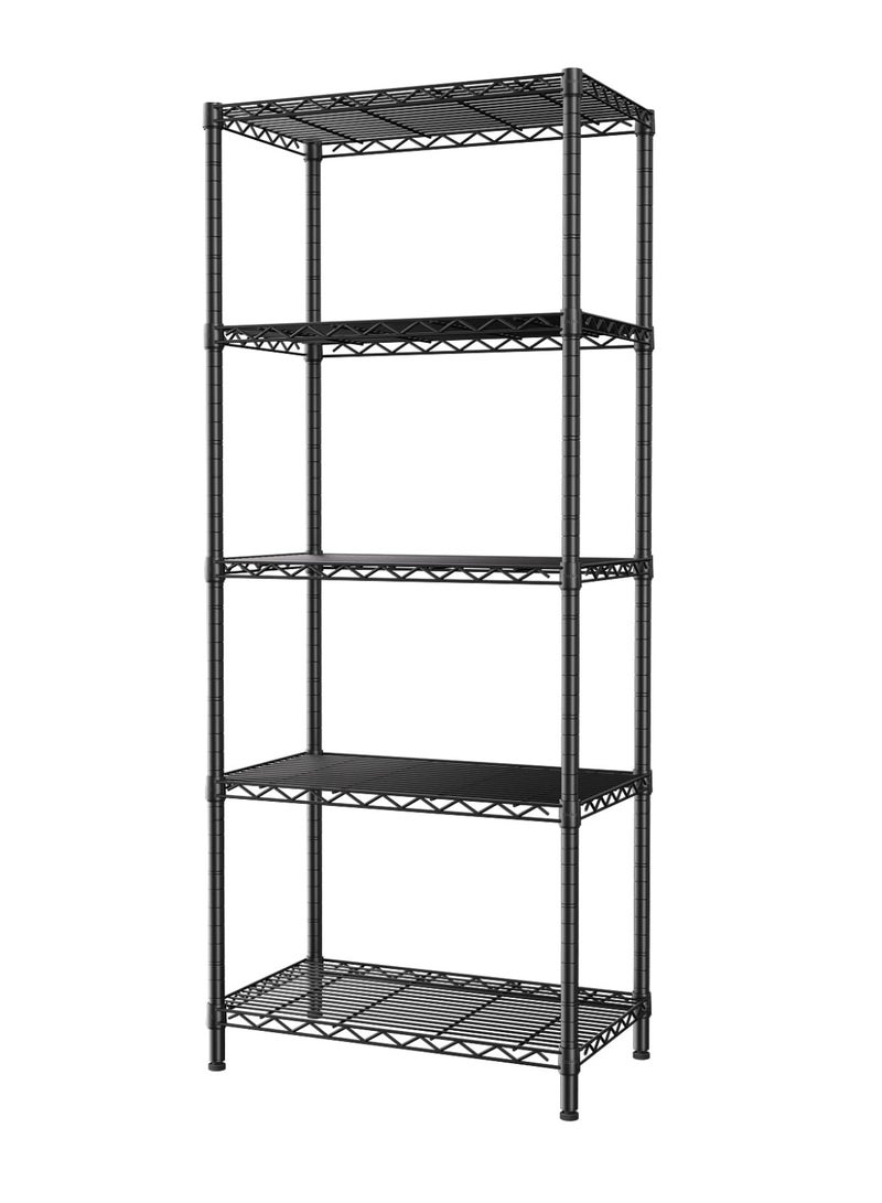 XiuWoo 5 Tier Thickened  Iron Scratch-Resistant kitchen storage rack with 4 hooks, 5 Tier shelves Storage Shelves for Storage Large Kitchen Storage Organizer Metal Shelving Units, Storage Rack Kitchen Storage Shelf for Garage, Bedroom, Kitchen Shelf Organizer (Black)  - Image 4