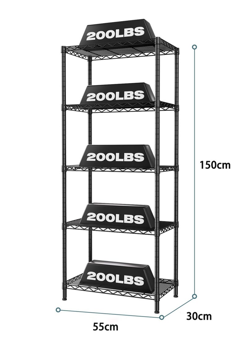 XiuWoo 5 Tier Thickened  Iron Scratch-Resistant kitchen storage rack with 4 hooks, 5 Tier shelves Storage Shelves for Storage Large Kitchen Storage Organizer Metal Shelving Units, Storage Rack Kitchen Storage Shelf for Garage, Bedroom, Kitchen Shelf Organizer (Black)  - Image 3