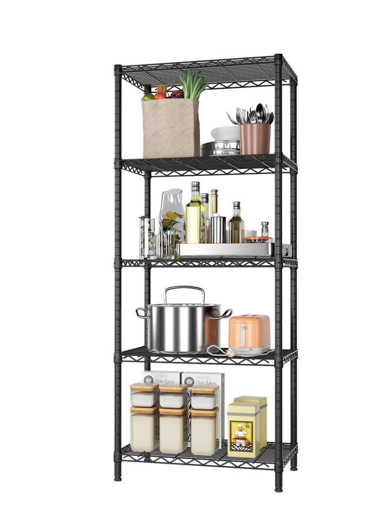 XiuWoo 5 Tier Thickened  Iron Scratch-Resistant kitchen storage rack with 4 hooks, 5 Tier shelves Storage Shelves for Storage Large Kitchen Storage Organizer Metal Shelving Units, Storage Rack Kitchen Storage Shelf for Garage, Bedroom, Kitchen Shelf Organizer (Black)  - Image 1
