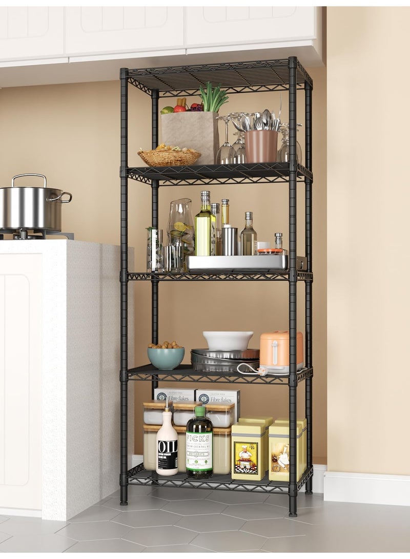 XiuWoo 5 Tier Thickened  Iron Scratch-Resistant kitchen storage rack with 4 hooks, 5 Tier shelves Storage Shelves for Storage Large Kitchen Storage Organizer Metal Shelving Units, Storage Rack Kitchen Storage Shelf for Garage, Bedroom, Kitchen Shelf Organizer (Black)  - Image 2