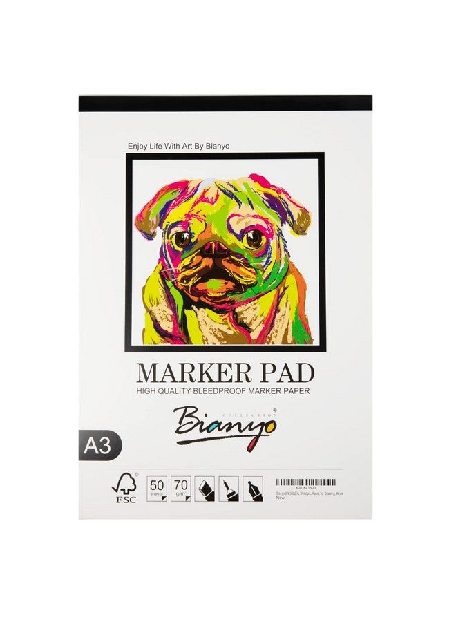 Bianyo Xl Bleedproof Marker Paper Pad A3(11.69"X16.54") 50 Sheets 18 Lb / 70 Gsm Glue Bound 100% Cotton White Ideal For Use With Markers And Ink Mediums - Image 1