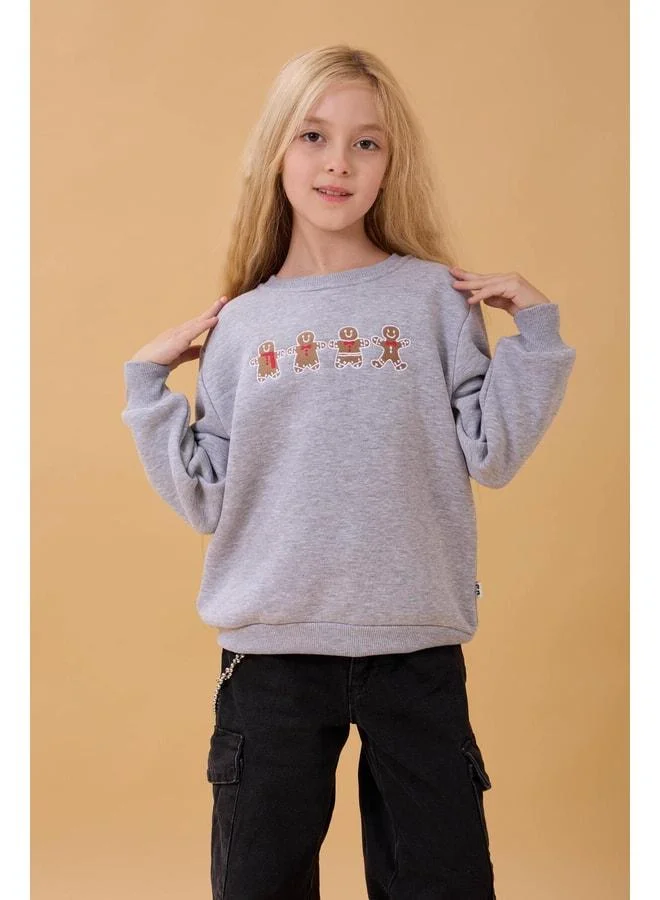 Perendi Girl's Bicycle Collar Cookie Embroidered Sweatshirt Gray Mélange