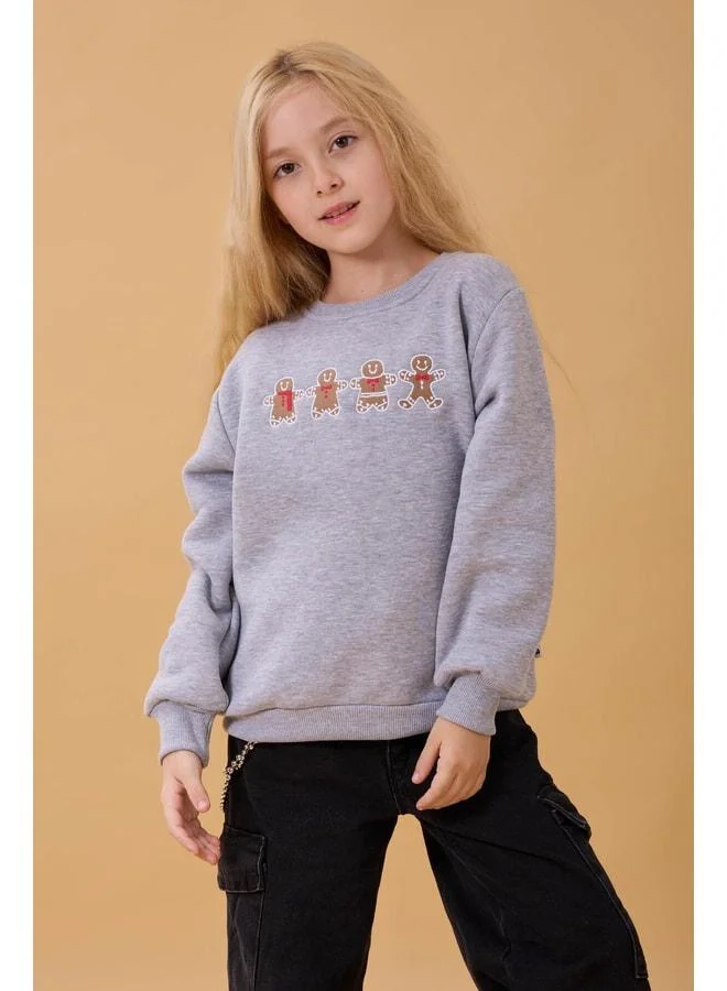 Perendi Girl's Bicycle Collar Cookie Embroidered Sweatshirt Gray Mélange
