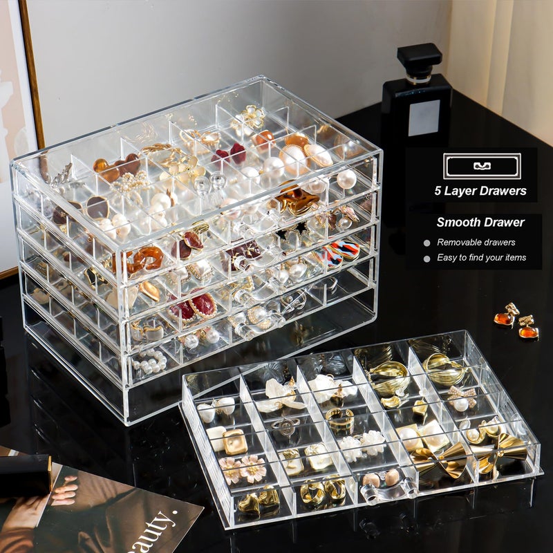 YUFONG Earring Holder Organizer Acrylic Earring Storage Box for Girls Women Jewelry Organizer Display Case with 100 Small Compartment (Clear, 5 Drawers) - Image 2