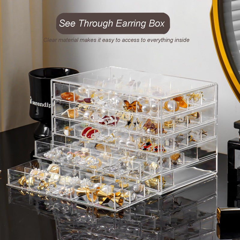 YUFONG Earring Holder Organizer Acrylic Earring Storage Box for Girls Women Jewelry Organizer Display Case with 100 Small Compartment (Clear, 5 Drawers) - Image 4