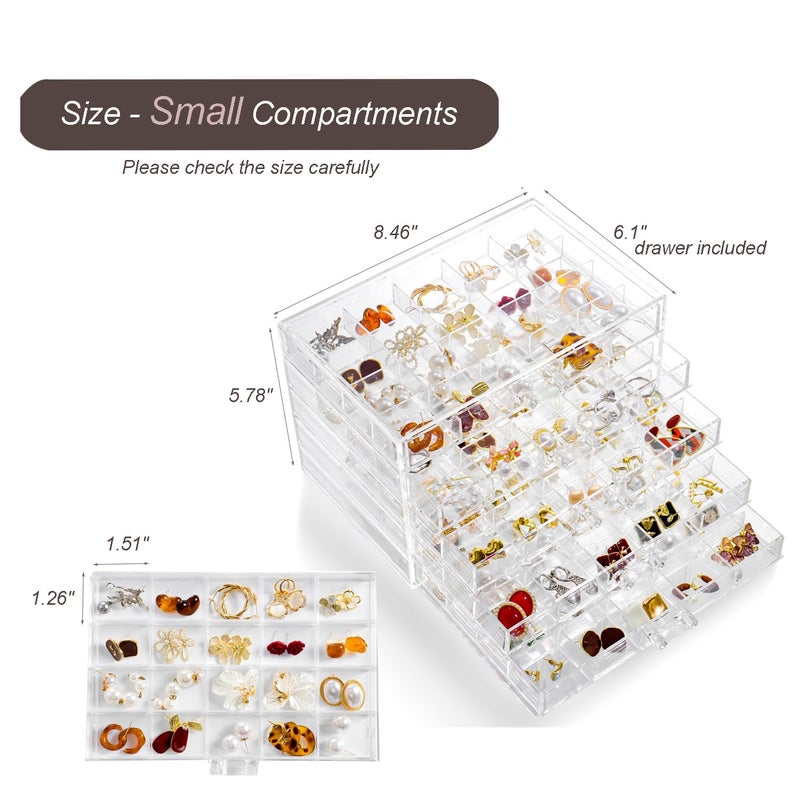 YUFONG Earring Holder Organizer Acrylic Earring Storage Box for Girls Women Jewelry Organizer Display Case with 100 Small Compartment (Clear, 5 Drawers) - Image 3