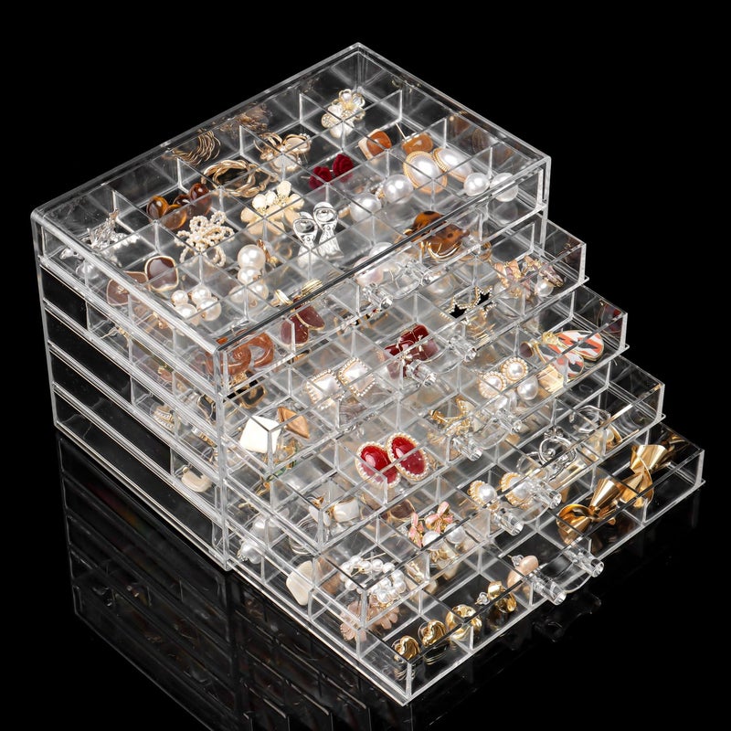 YUFONG Earring Holder Organizer Acrylic Earring Storage Box for Girls Women Jewelry Organizer Display Case with 100 Small Compartment (Clear, 5 Drawers) - Image 1