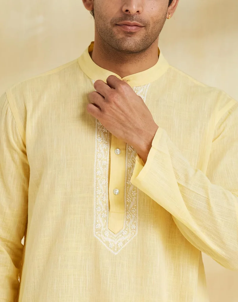 Fabindia Yellow Cotton Chikankari Long Kurta