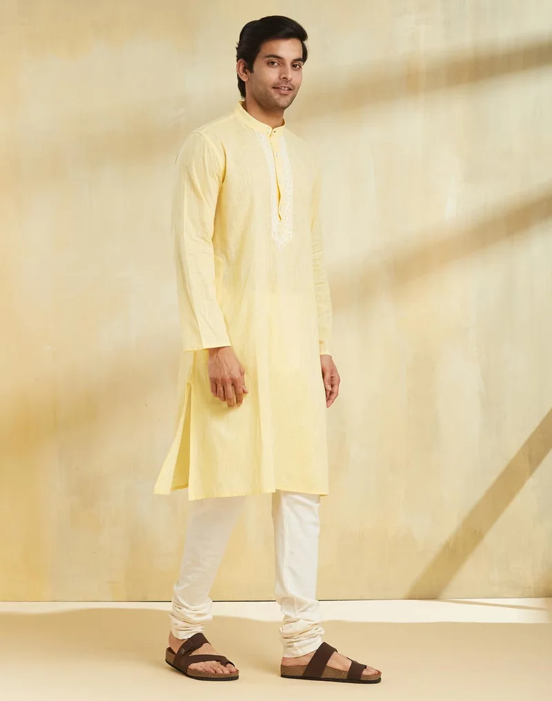 Fabindia Yellow Cotton Chikankari Long Kurta