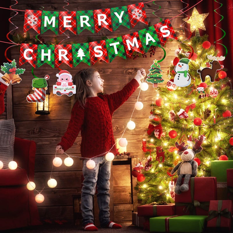 Festiko® Merry Christmas Banner,Xmas Signs Hanging Banner, Plaid Red Green Christmas Banner with Christmas Tree Santa Elk and Sock Snowman Spiral Strip Ornaments for Home Wall Fireplace Party Supplies - Image 5