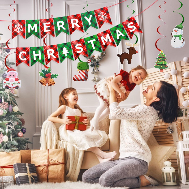 Festiko® Merry Christmas Banner,Xmas Signs Hanging Banner, Plaid Red Green Christmas Banner with Christmas Tree Santa Elk and Sock Snowman Spiral Strip Ornaments for Home Wall Fireplace Party Supplies - Image 4