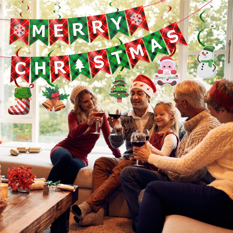 Festiko® Merry Christmas Banner,Xmas Signs Hanging Banner, Plaid Red Green Christmas Banner with Christmas Tree Santa Elk and Sock Snowman Spiral Strip Ornaments for Home Wall Fireplace Party Supplies - Image 3