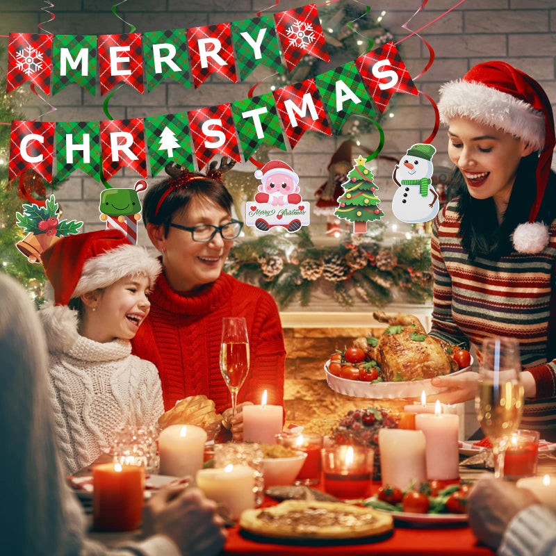 Festiko® Merry Christmas Banner,Xmas Signs Hanging Banner, Plaid Red Green Christmas Banner with Christmas Tree Santa Elk and Sock Snowman Spiral Strip Ornaments for Home Wall Fireplace Party Supplies - Image 2
