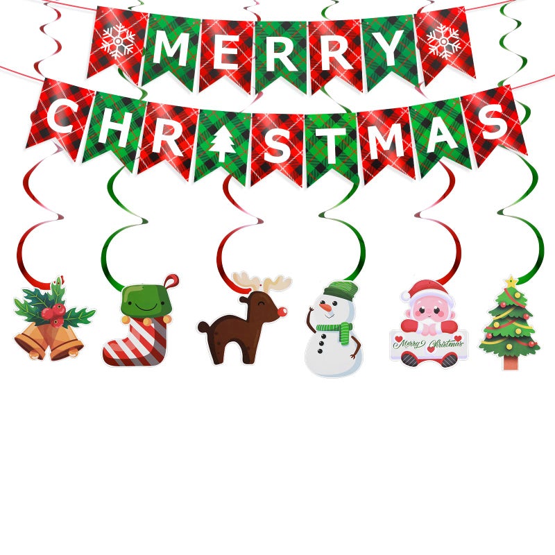 Festiko® Merry Christmas Banner,Xmas Signs Hanging Banner, Plaid Red Green Christmas Banner with Christmas Tree Santa Elk and Sock Snowman Spiral Strip Ornaments for Home Wall Fireplace Party Supplies - Image 1
