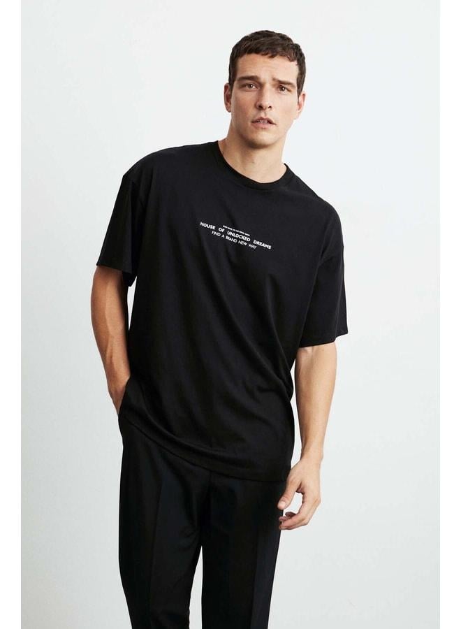 GRIMELANGE Frank Men's Thick Textured Print Detailed Oversize 100% Organic Cotton Black T-shirt. - Image 1