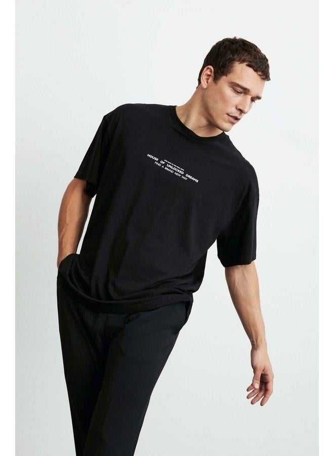 GRIMELANGE Frank Men's Thick Textured Print Detailed Oversize 100% Organic Cotton Black T-shirt. - Image 3