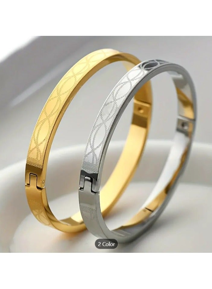 MARIO DRAFTS Men's Gold-Plated Bangle Bracelet, Geometric Pattern Design, Hinged Clasp - Image 2