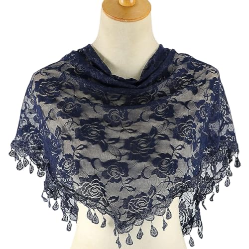 PALAY® Lace Mantilla Mass Veil Triangle Head Scarf for Women Tassle Rose Jacquard Church Veil Cathedral Headwear Head Covering for Ladies - Navy Blue - Image 5