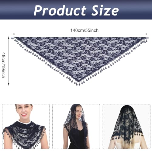 PALAY® Lace Mantilla Mass Veil Triangle Head Scarf for Women Tassle Rose Jacquard Church Veil Cathedral Headwear Head Covering for Ladies - Navy Blue - Image 2