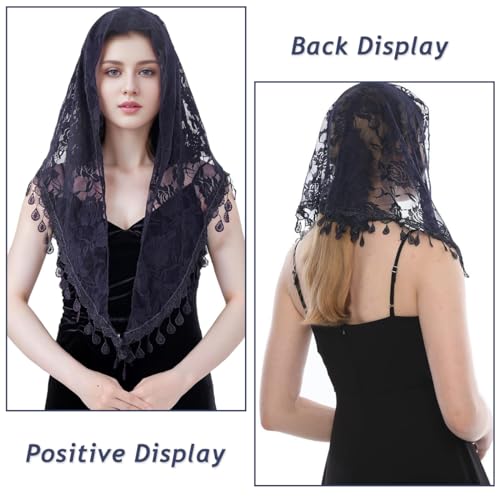PALAY® Lace Mantilla Mass Veil Triangle Head Scarf for Women Tassle Rose Jacquard Church Veil Cathedral Headwear Head Covering for Ladies - Navy Blue - Image 4