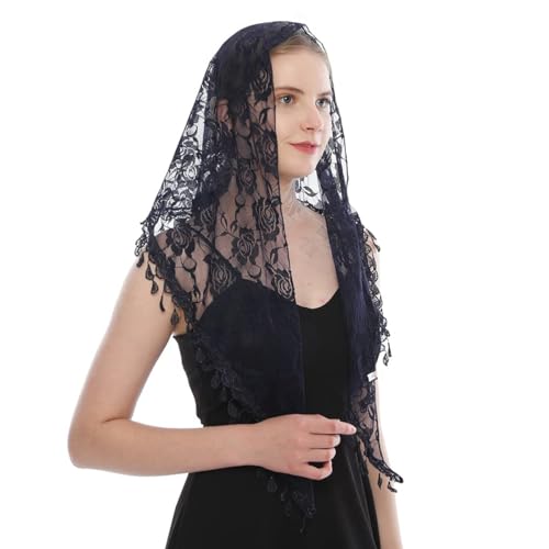 PALAY® Lace Mantilla Mass Veil Triangle Head Scarf for Women Tassle Rose Jacquard Church Veil Cathedral Headwear Head Covering for Ladies - Navy Blue - Image 1